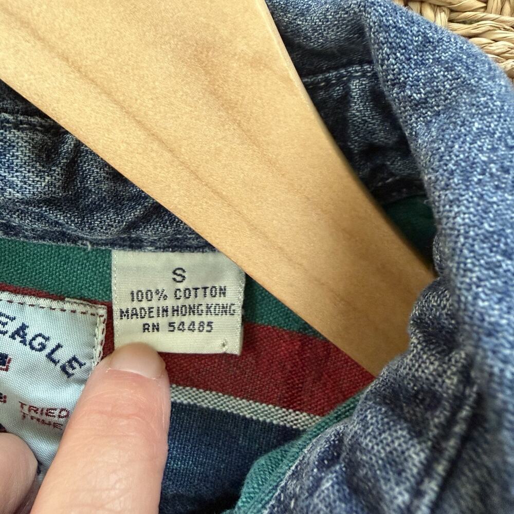 Vintage 90’s American Eagle Plaid Denim Collar Button Up Long Sleeve Men’s Sz S - Picture 8 of 10